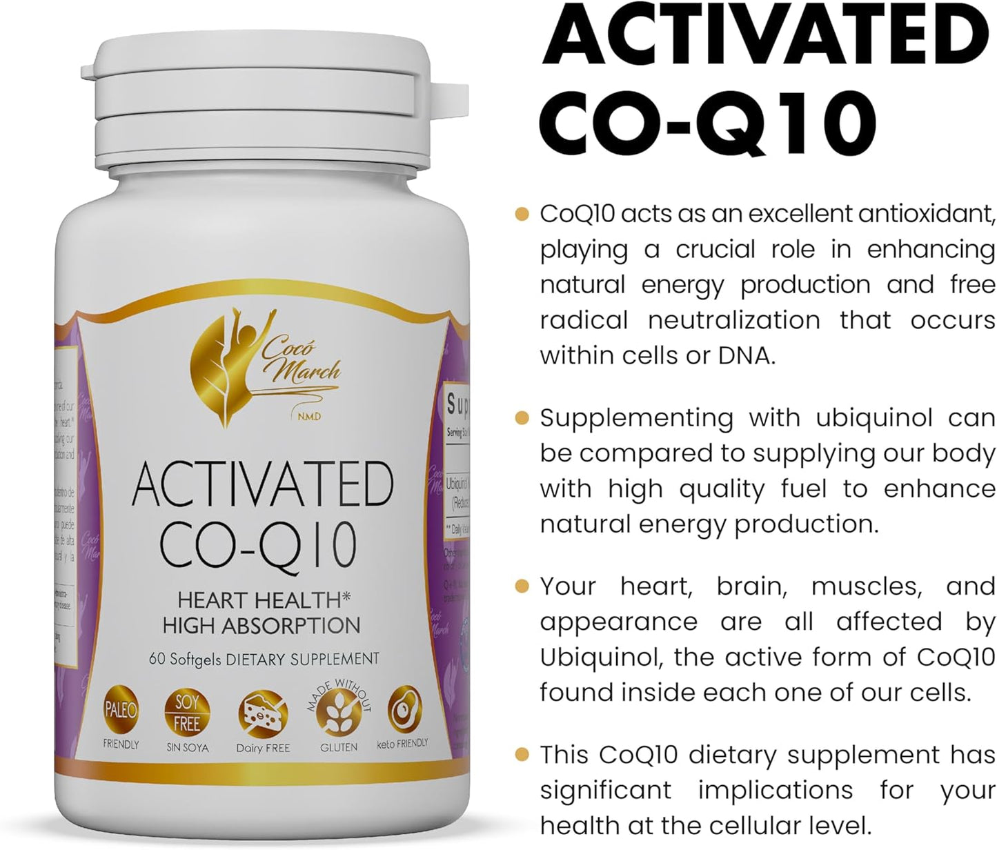 Coco March N.M.D Activated CO-Q10 Softgels - Heart Health & Energy Support - Gluten-Free, Soy-Free, Paleo, Keto, Dairy-Free - 60 Count