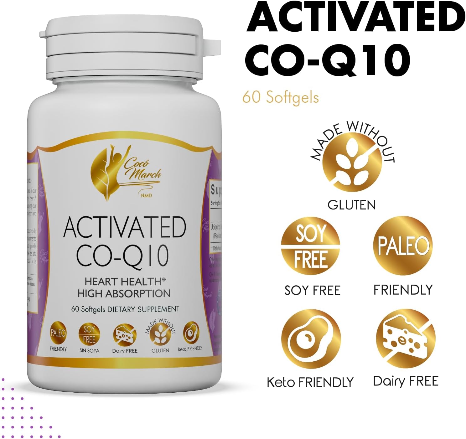 Coco March N.M.D Activated CO-Q10 Softgels - Heart Health & Energy Support - Gluten-Free, Soy-Free, Paleo, Keto, Dairy-Free - 60 Count