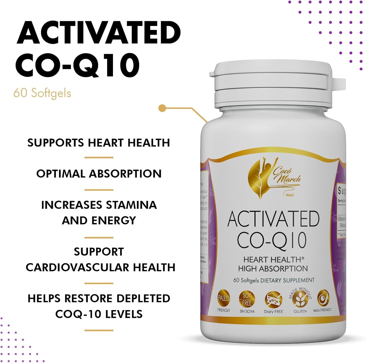 Coco March N.M.D Activated CO-Q10 Softgels - Heart Health & Energy Support - Gluten-Free, Soy-Free, Paleo, Keto, Dairy-Free - 60 Count