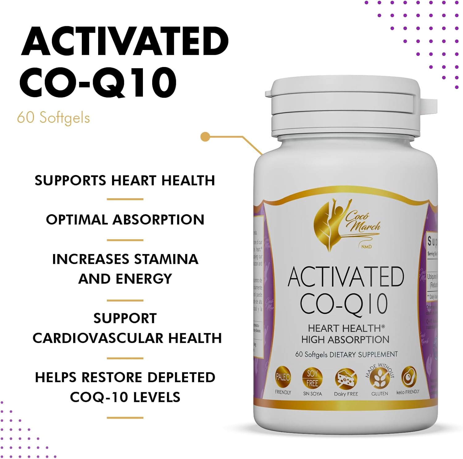 Coco March N.M.D Activated CO-Q10 Softgels - Heart Health & Energy Support - Gluten-Free, Soy-Free, Paleo, Keto, Dairy-Free - 60 Count