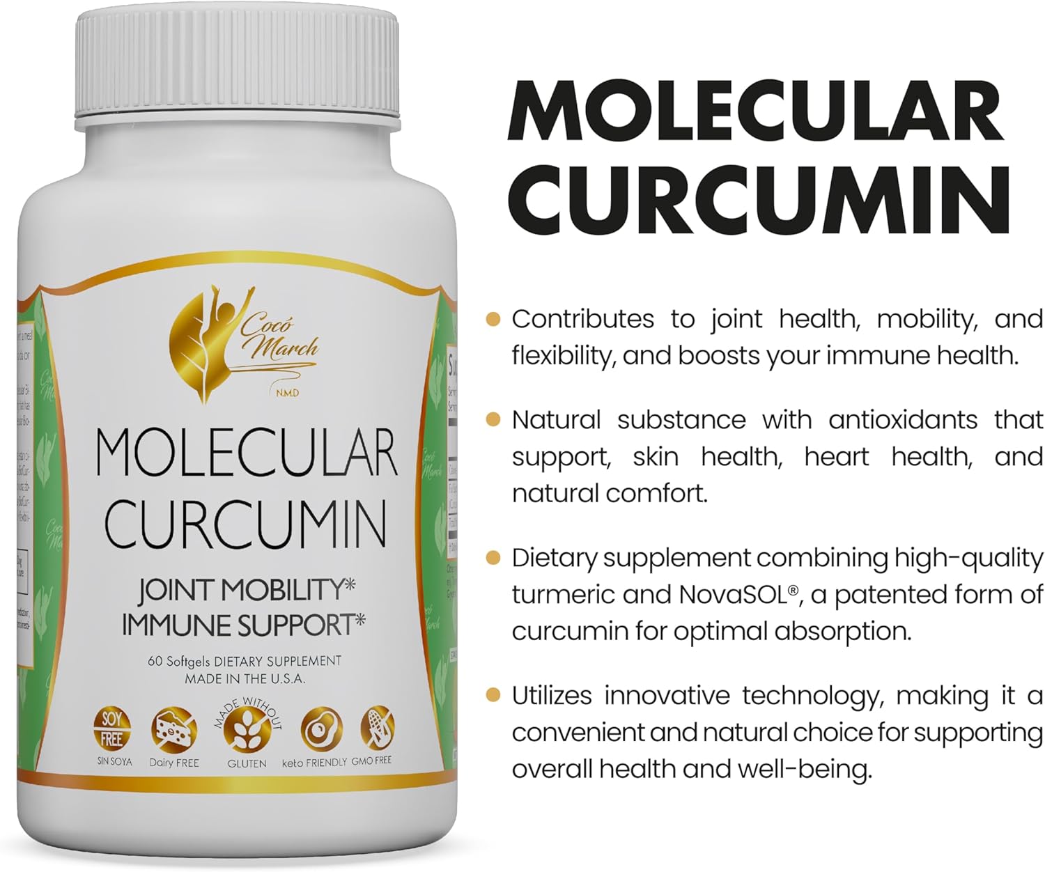Coco March N.M.D Curcumin Softgels - 180x Absorption, Joint & Immune Support, 1000mg, 60ct, Gluten/Soy/Dairy Free, Keto & GMO Friendly