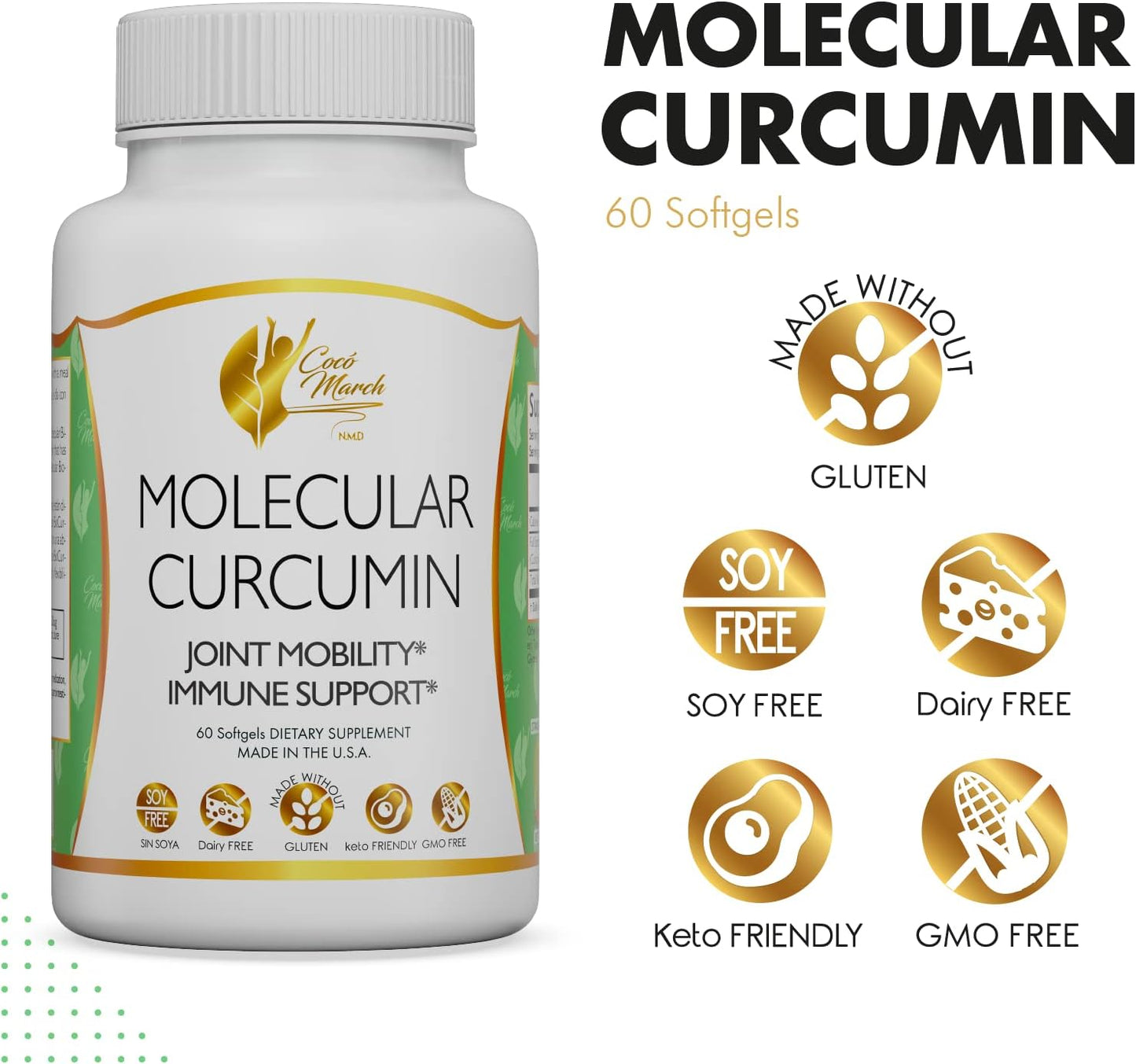 Coco March N.M.D Curcumin Softgels - 180x Absorption, Joint & Immune Support, 1000mg, 60ct, Gluten/Soy/Dairy Free, Keto & GMO Friendly