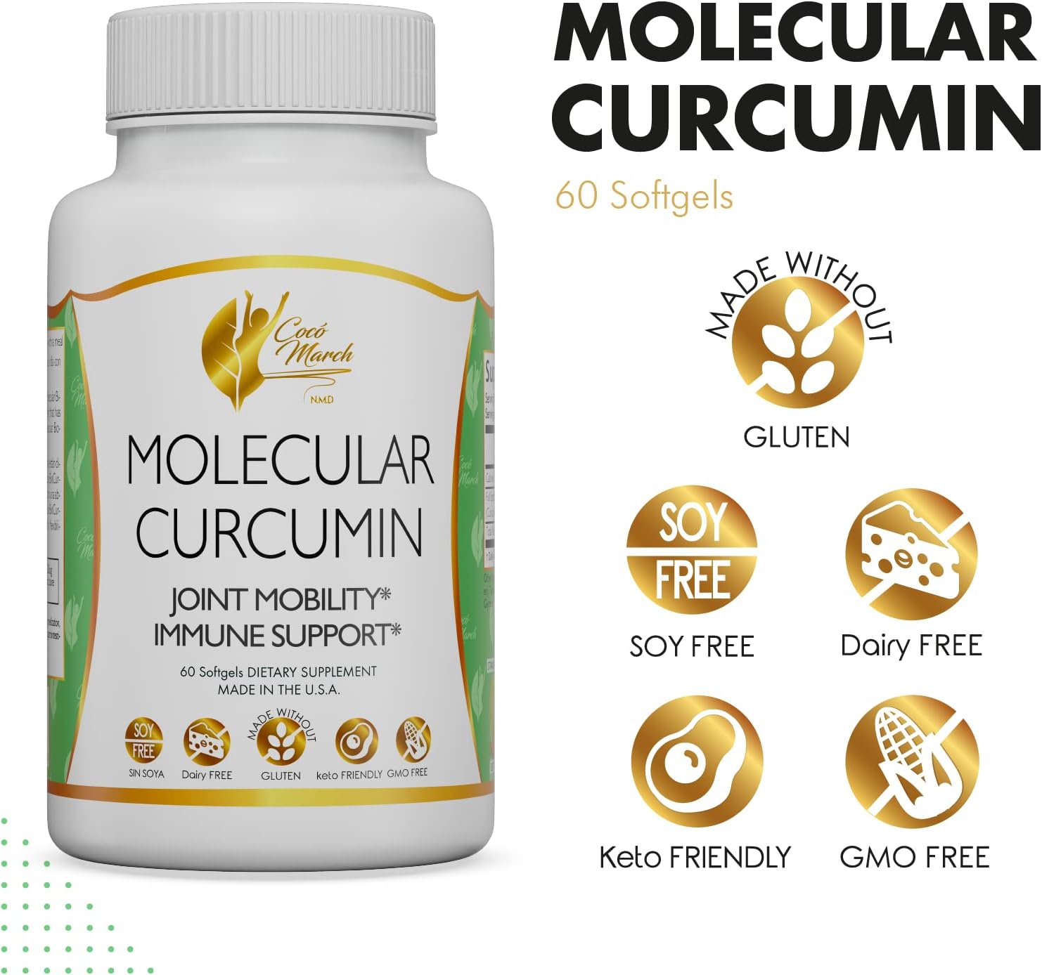 Coco March N.M.D Curcumin Softgels - 180x Absorption, Joint & Immune Support, 1000mg, 60ct, Gluten/Soy/Dairy Free, Keto & GMO Friendly
