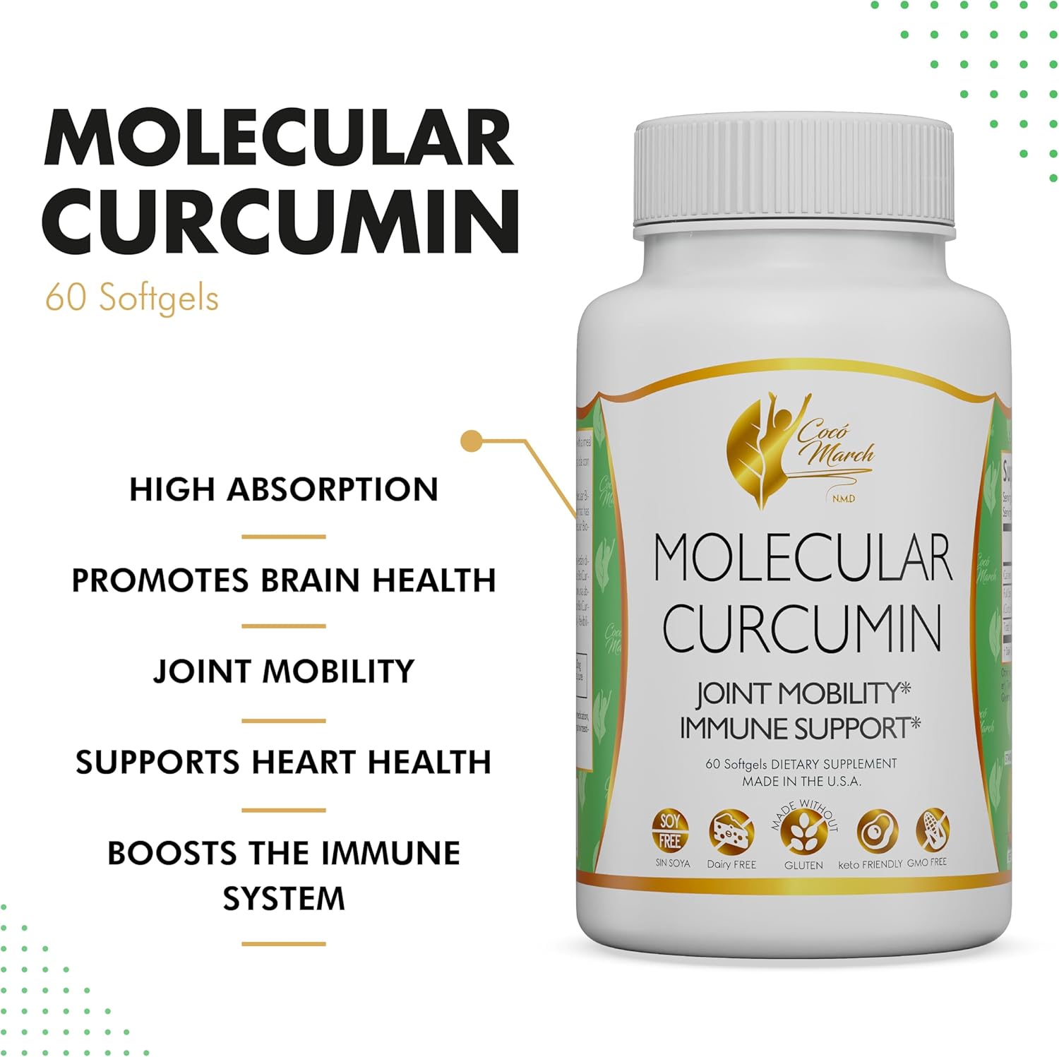 Coco March N.M.D Curcumin Softgels - 180x Absorption, Joint & Immune Support, 1000mg, 60ct, Gluten/Soy/Dairy Free, Keto & GMO Friendly