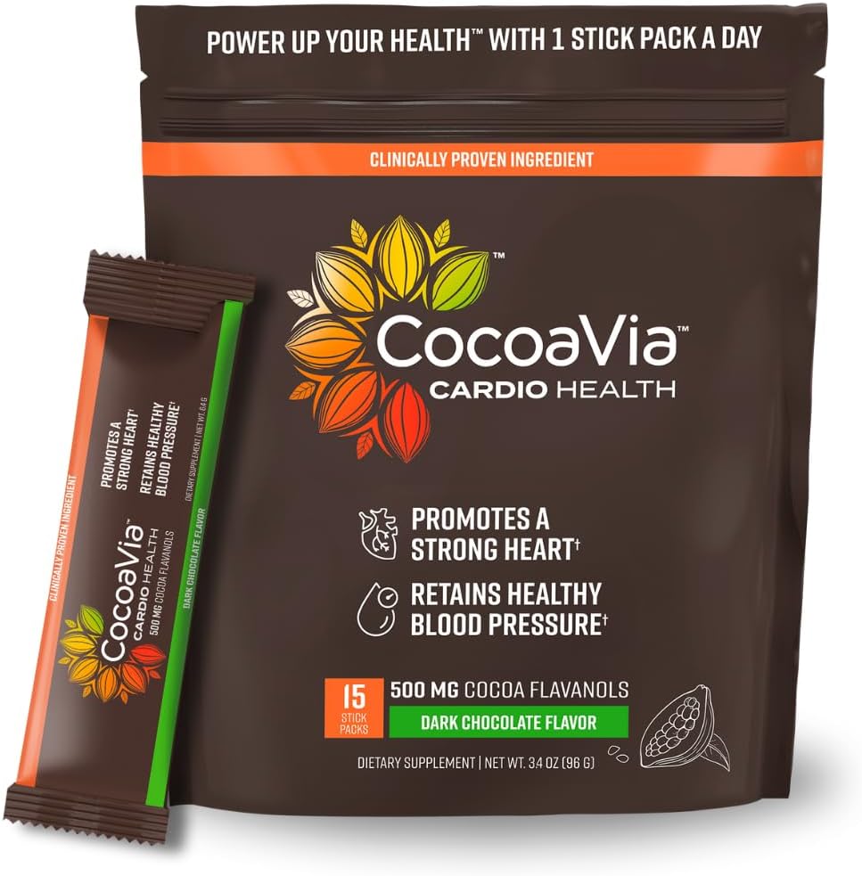 CocoaVia Cocoa Powder Sticks - 15 Single Serve Packs, 500mg Cocoa Flavanols, Heart Health Support, Nitric Oxide Boost, Energy, Preworkout, Vegan, Travel-Friendly