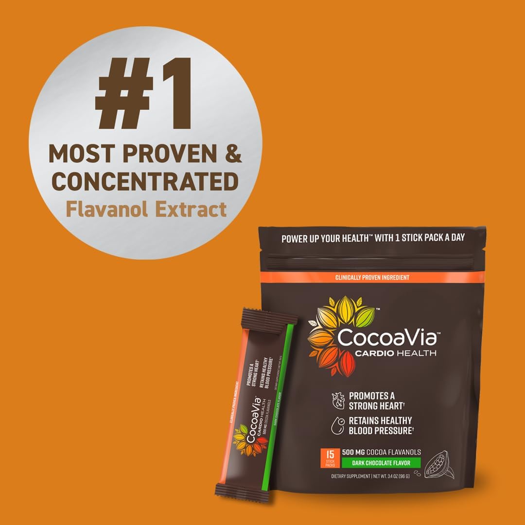 CocoaVia Cocoa Powder Sticks - 15 Single Serve Packs, 500mg Cocoa Flavanols, Heart Health Support, Nitric Oxide Boost, Energy, Preworkout, Vegan, Travel-Friendly