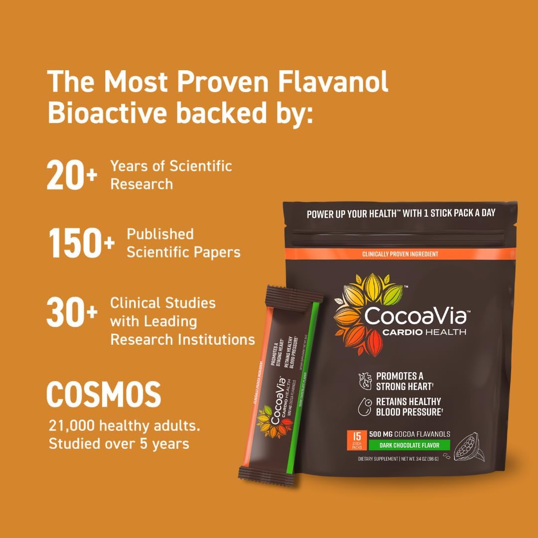 CocoaVia Cocoa Powder Sticks - 15 Single Serve Packs, 500mg Cocoa Flavanols, Heart Health Support, Nitric Oxide Boost, Energy, Preworkout, Vegan, Travel-Friendly