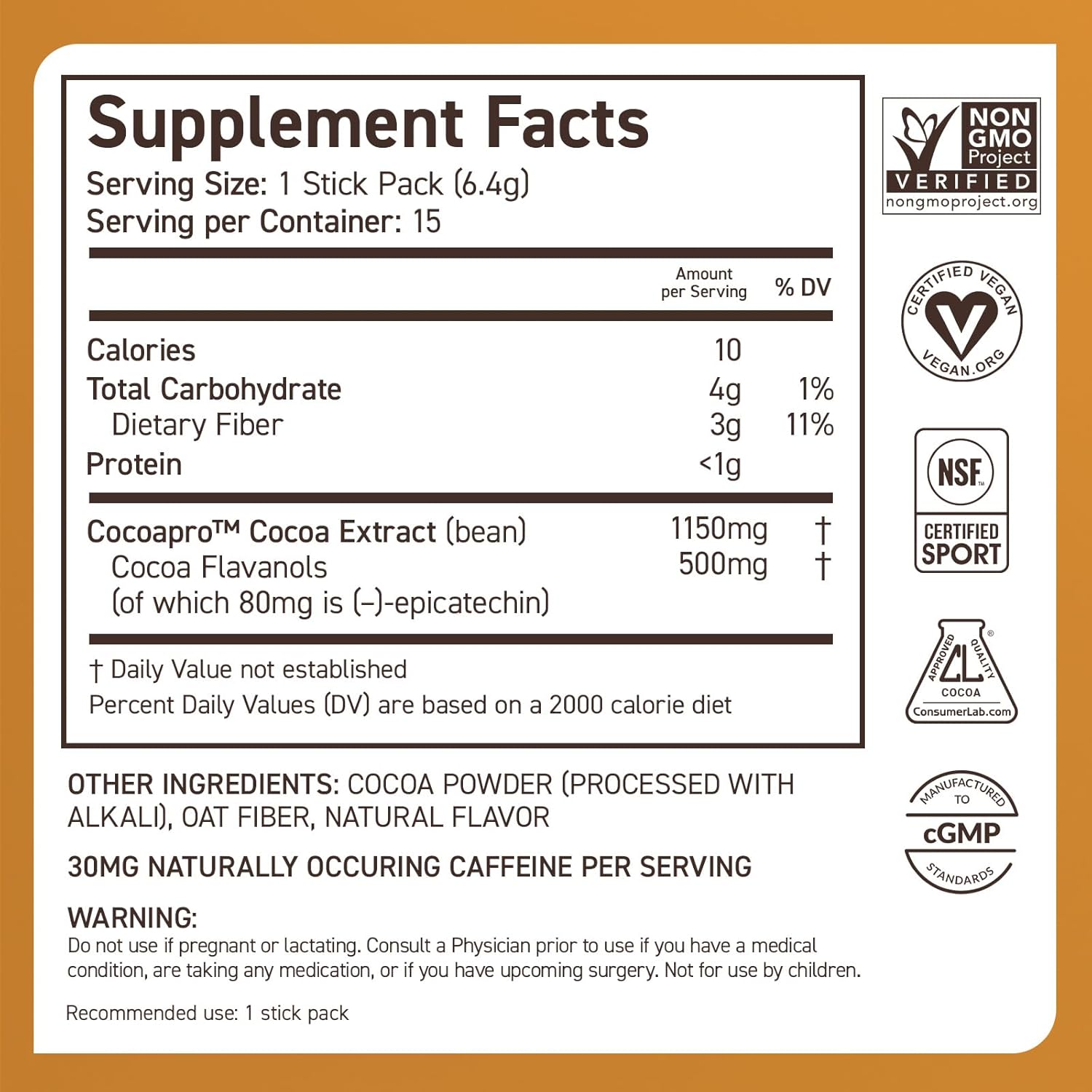 CocoaVia Cocoa Powder Sticks - 15 Single Serve Packs, 500mg Cocoa Flavanols, Heart Health Support, Nitric Oxide Boost, Energy, Preworkout, Vegan, Travel-Friendly