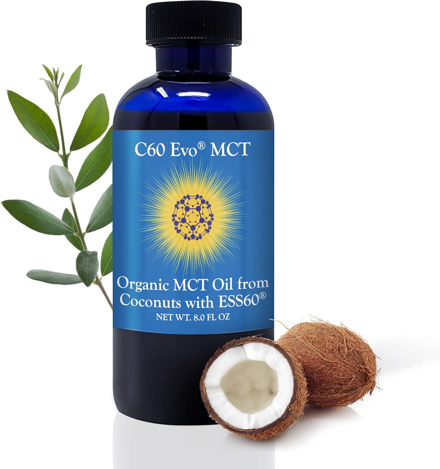 Coconut C60 Evo MCT Oil with ESS60: Immune & Sleep Support, Antioxidants, Joint Health, Energy Boost - 8 oz