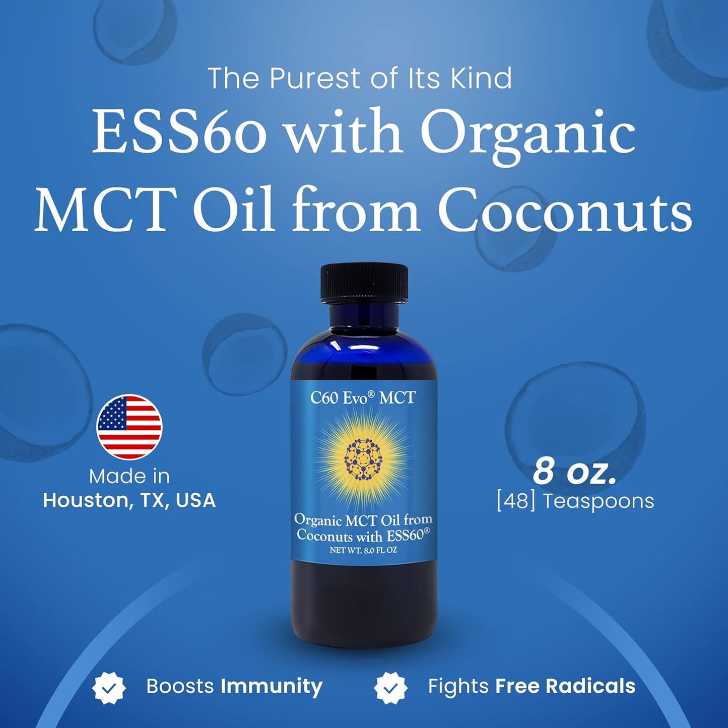 Coconut C60 Evo MCT Oil with ESS60: Immune & Sleep Support, Antioxidants, Joint Health, Energy Boost - 8 oz