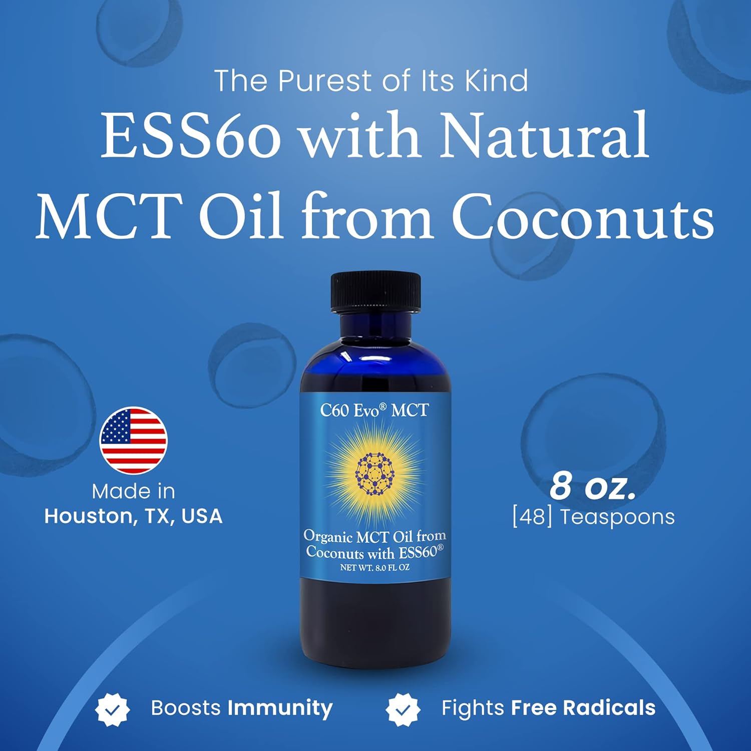 Coconut C60 Evo MCT Oil with ESS60: Immune & Sleep Support, Antioxidants, Joint Health, Energy Boost - 8 oz