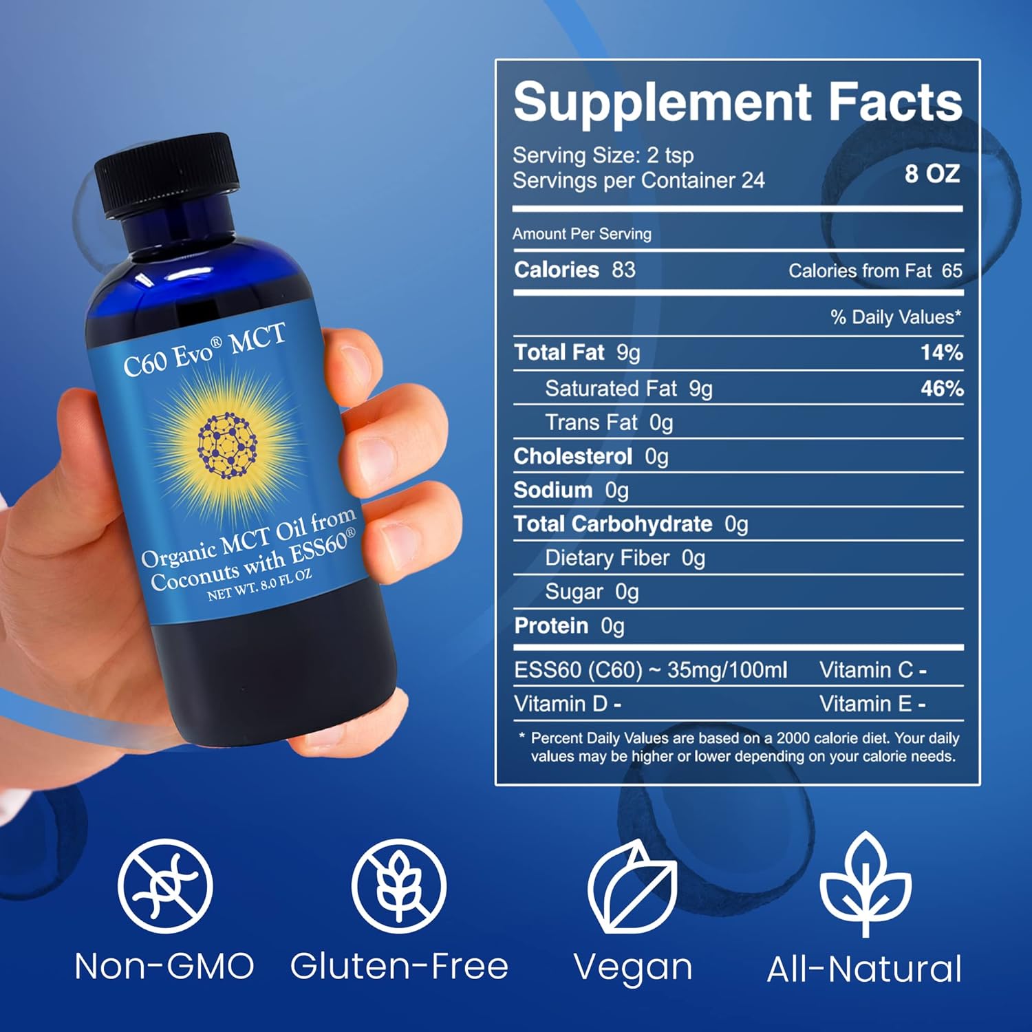 Coconut C60 Evo MCT Oil with ESS60: Immune & Sleep Support, Antioxidants, Joint Health, Energy Boost - 8 oz