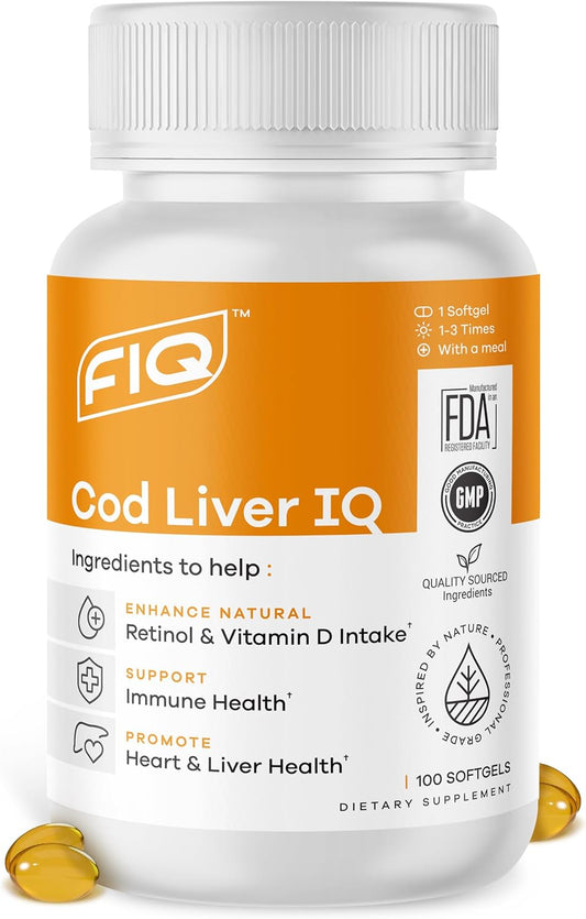 Cod Liver IQ Softgels - Natural Source of Vitamins A & D, Omega-3 Fatty Acids - Heart, Liver, Immune Support - 100 Softgels