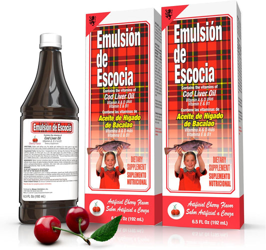 Cod Liver Oil Liquid Emulsion de Escocia with Cherry Flavor, Omega-3 Supplement with Vitamins A, D, E & B1 for Immune & Bone Health in Kids & Adults, 2 Pack of 6.5 fl oz Each