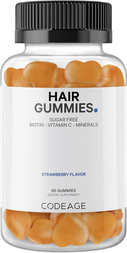 Codeage Biotin Hair Gummies 5000 mcg - Sugar Free Growth Vitamins for Men & Women with A, C, B6, B12, D3, Zinc, Inositol, Pantothenic Acid, Folic Acid - Supports Nails, Skin - Strawberry Coconut Flavor - 60 ct