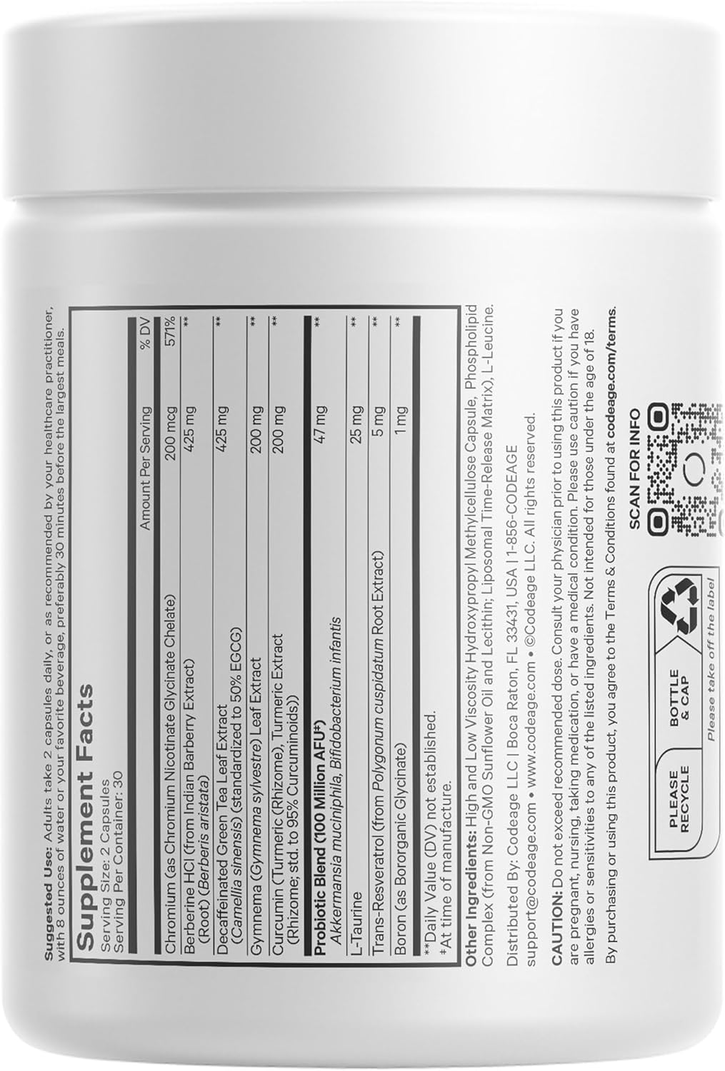 Codeage GLP-Advantage+ Supplement for Metabolic Support - Chromium, Berberine, Green Tea - Weight Management & Gut Health - 60 Capsules
