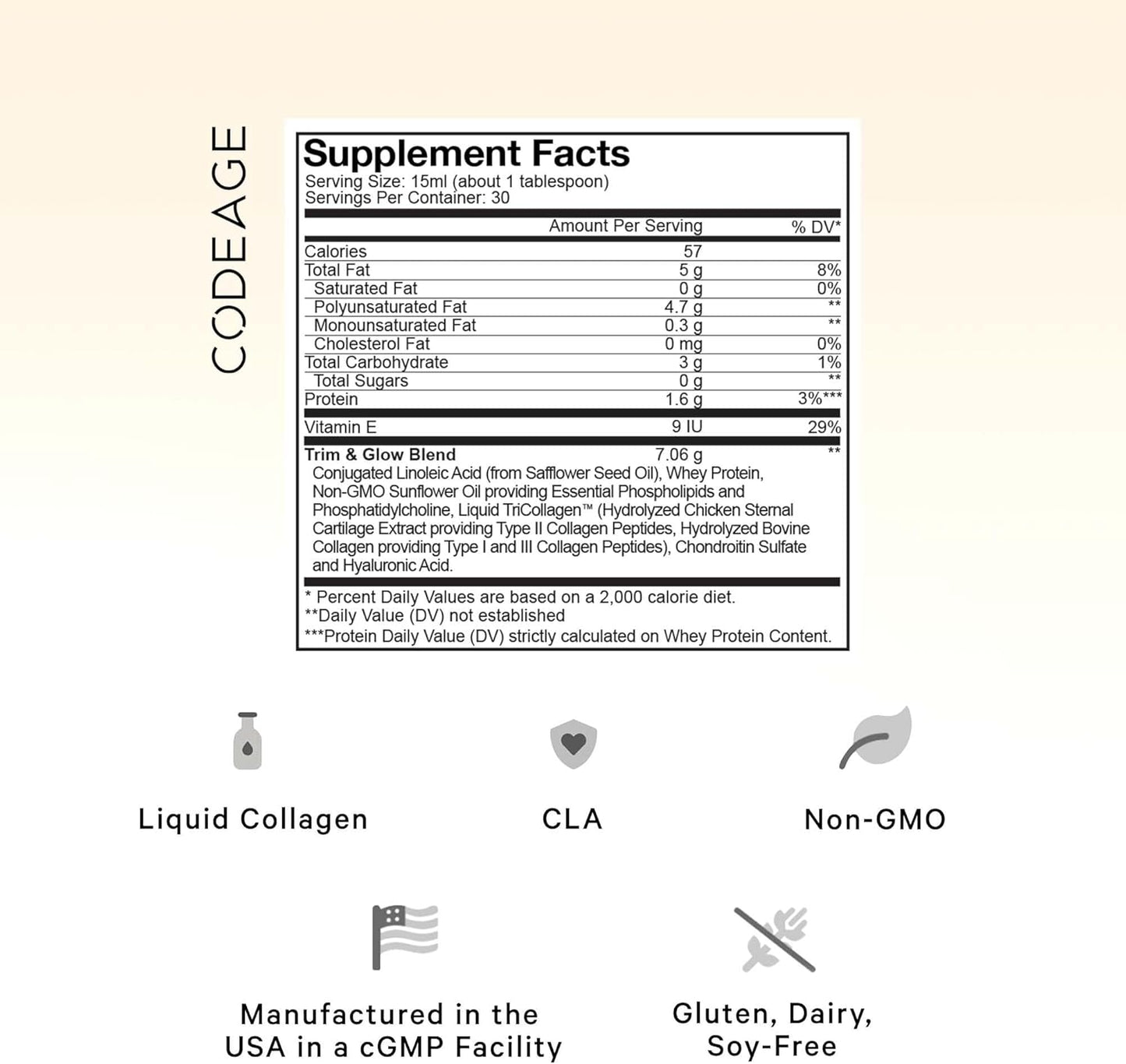 Codeage Vanilla Liquid Collagen Supplement with CLA, Hyaluronic Acid, Vitamin E - Beauty Trim & Glow Peptides - 15.22 fl oz