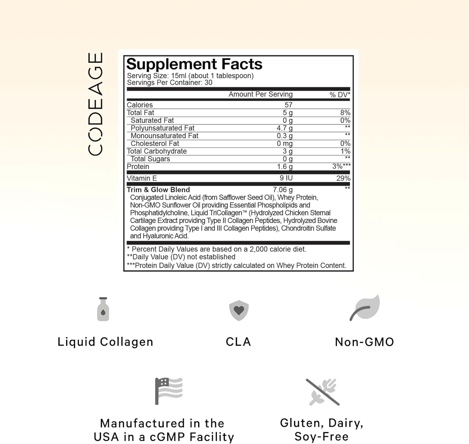 Codeage Vanilla Liquid Collagen Supplement with CLA, Hyaluronic Acid, Vitamin E - Beauty Trim & Glow Peptides - 15.22 fl oz