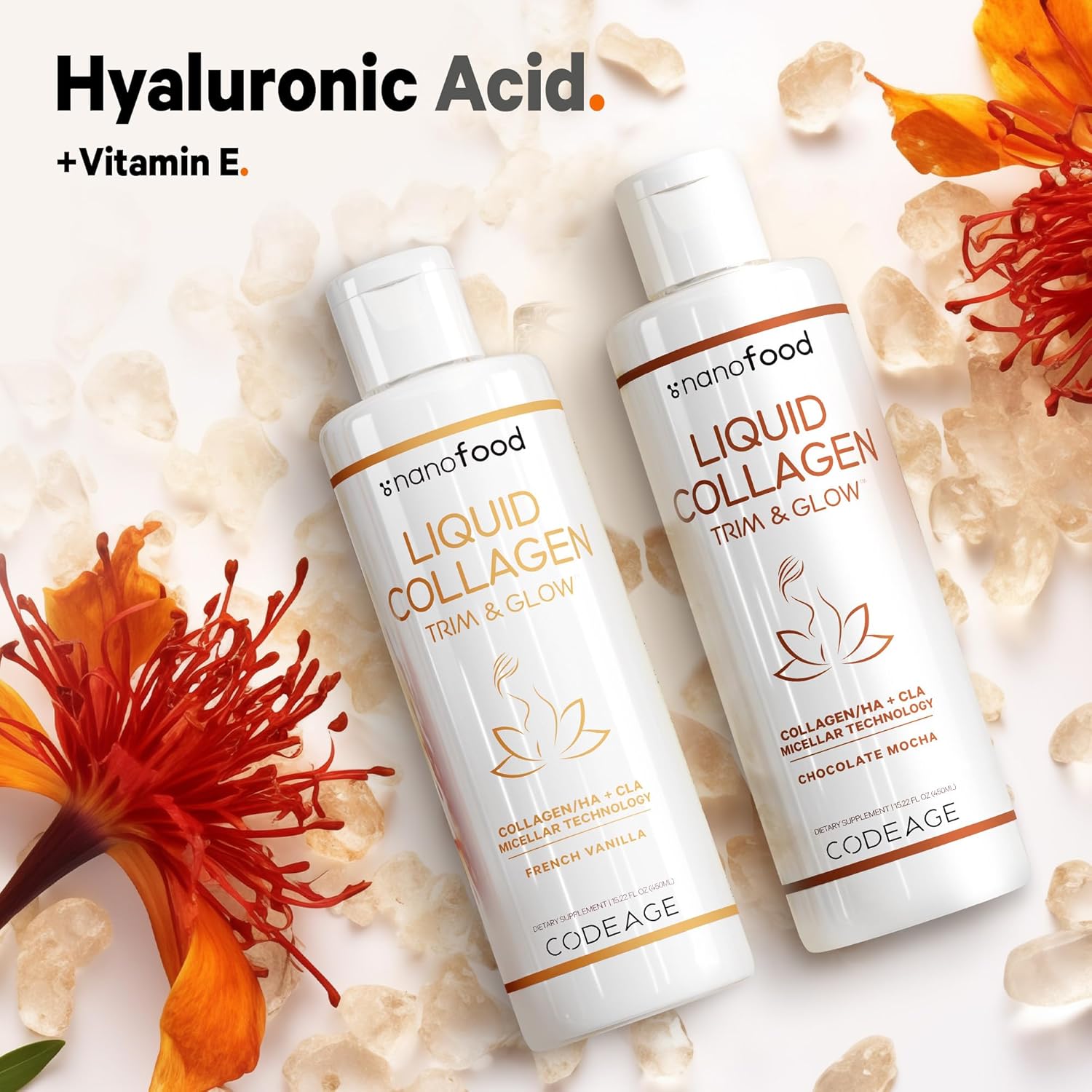 Codeage Vanilla Liquid Collagen Supplement with CLA, Hyaluronic Acid, Vitamin E - Beauty Trim & Glow Peptides - 15.22 fl oz
