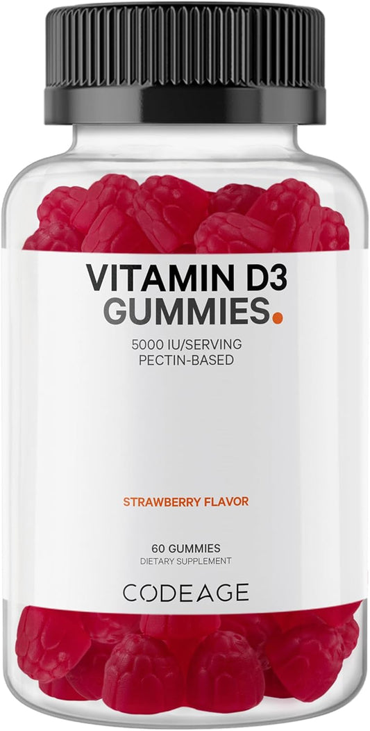 Codeage Vitamin D3 Gummies - High Potency Vitamin D3 Gummy Vitamins - 2-Month Supply - Strawberry Flavor - 60 Gummies