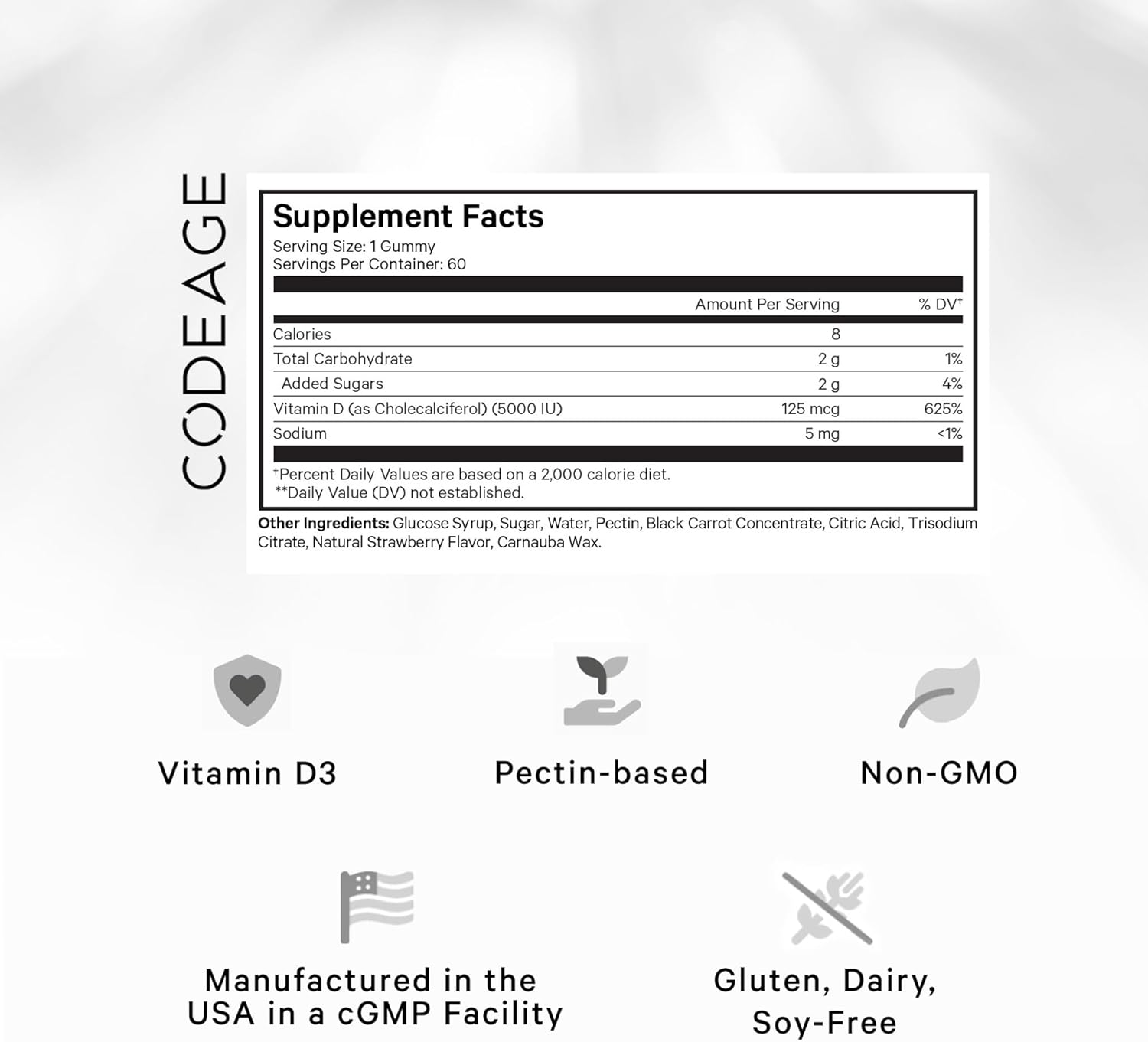 Codeage Vitamin D3 Gummies - High Potency Vitamin D3 Gummy Vitamins - 2-Month Supply - Strawberry Flavor - 60 Gummies