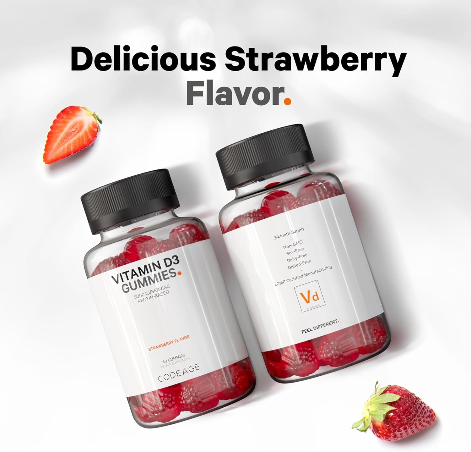 Codeage Vitamin D3 Gummies - High Potency Vitamin D3 Gummy Vitamins - 2-Month Supply - Strawberry Flavor - 60 Gummies