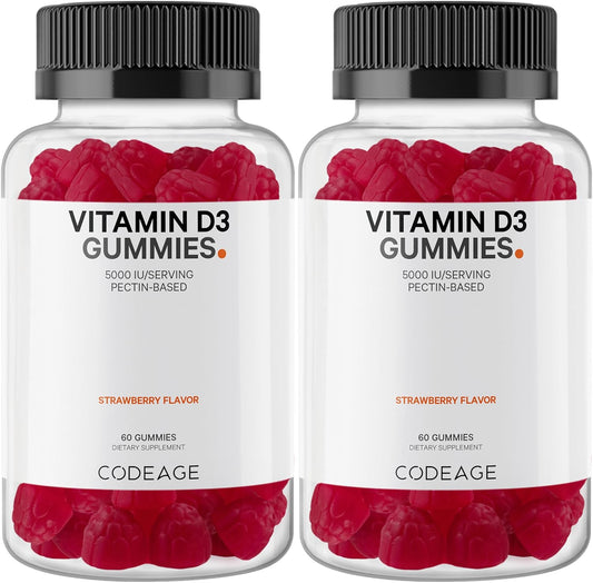 Codeage Vitamin D3 Gummy Vitamins 2-Pack, 5000 IU Cholecalciferol Gummies, Strawberry Flavor, Non-GMO, Pectin-Based
