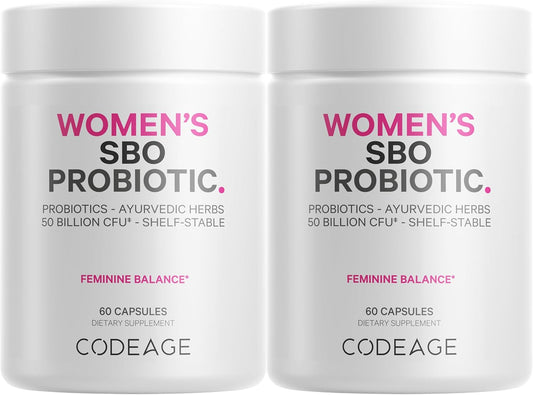 Codeage Women's Probiotics Supplement - 50 Billion CFUs - SBO Probiotics & Prebiotics - Cranberries - Feminine Health - Fermented Botanical Blend - Vegan & Non-GMO - 2 Pack