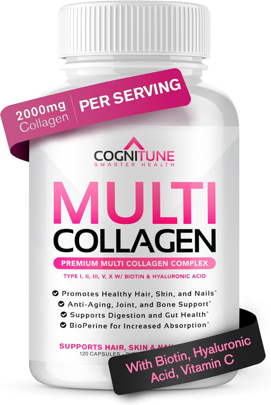 CogniTune Women's Multi Collagen Supplement with Hyaluronic Acid, Vitamin C, Biotin - 120 Capsules for Hair, Skin, Nails, Joints - Types I, II, III, V, X Peptides