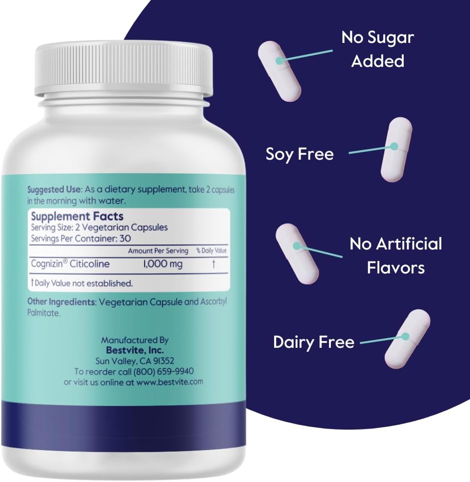 Cognizin 500mg & Alpha GPC 300mg Brain Supplements - Improve Memory and Focus - No Stearates