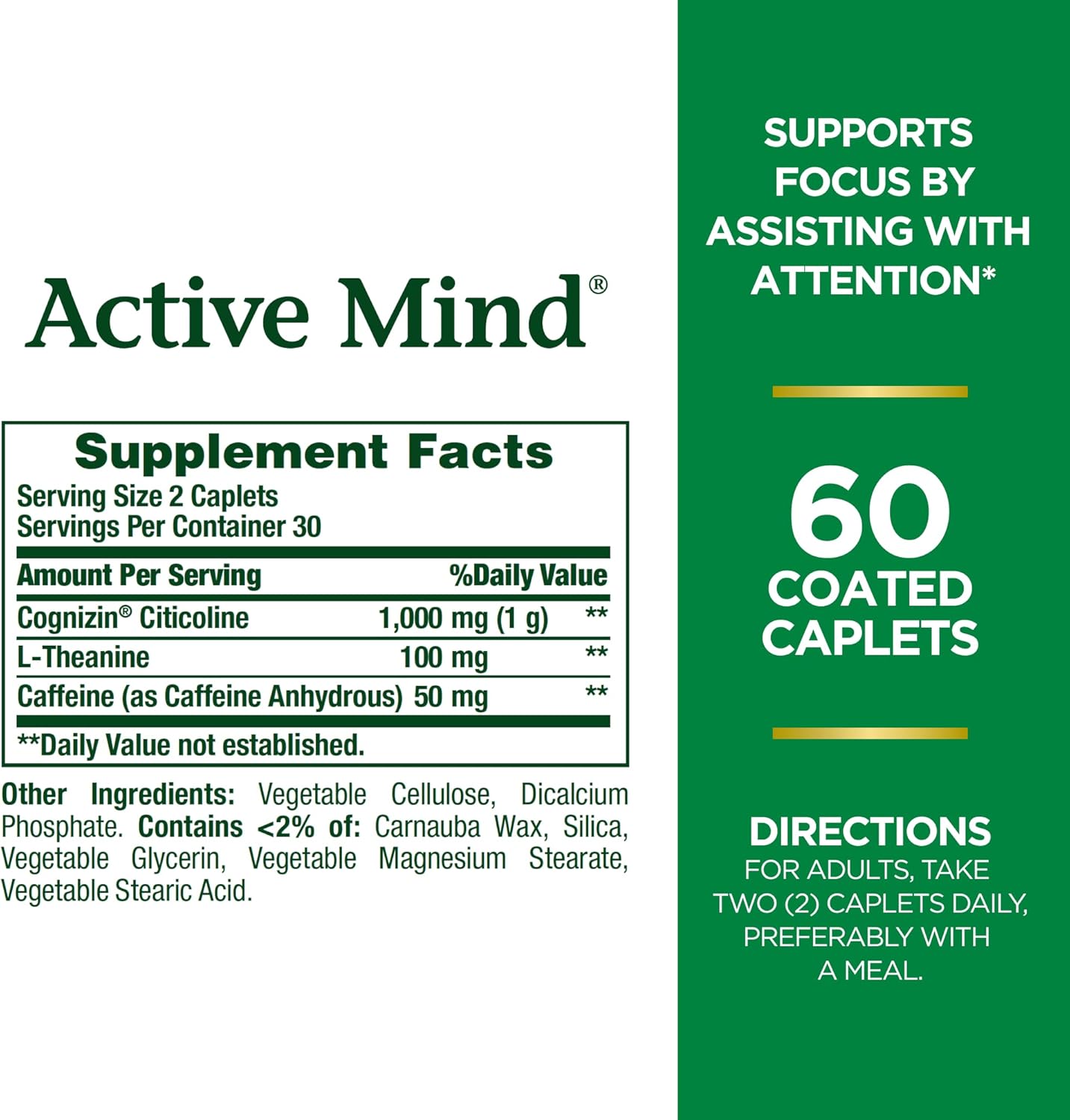 Cognizin and L-Theanine Dietary Supplement for Focus and Attention - 60 Caplets