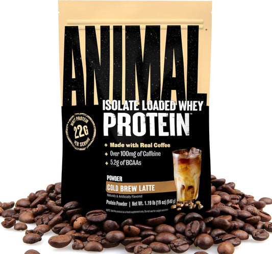 Cold Brew Latte Animal Whey Protein Coffee Powder - 22g Protein, 100mg Caffeine, BCAAs, Digestive Enzymes - Pre & Post Workout Muscle Builder Recovery for Men & Women - 1 lb