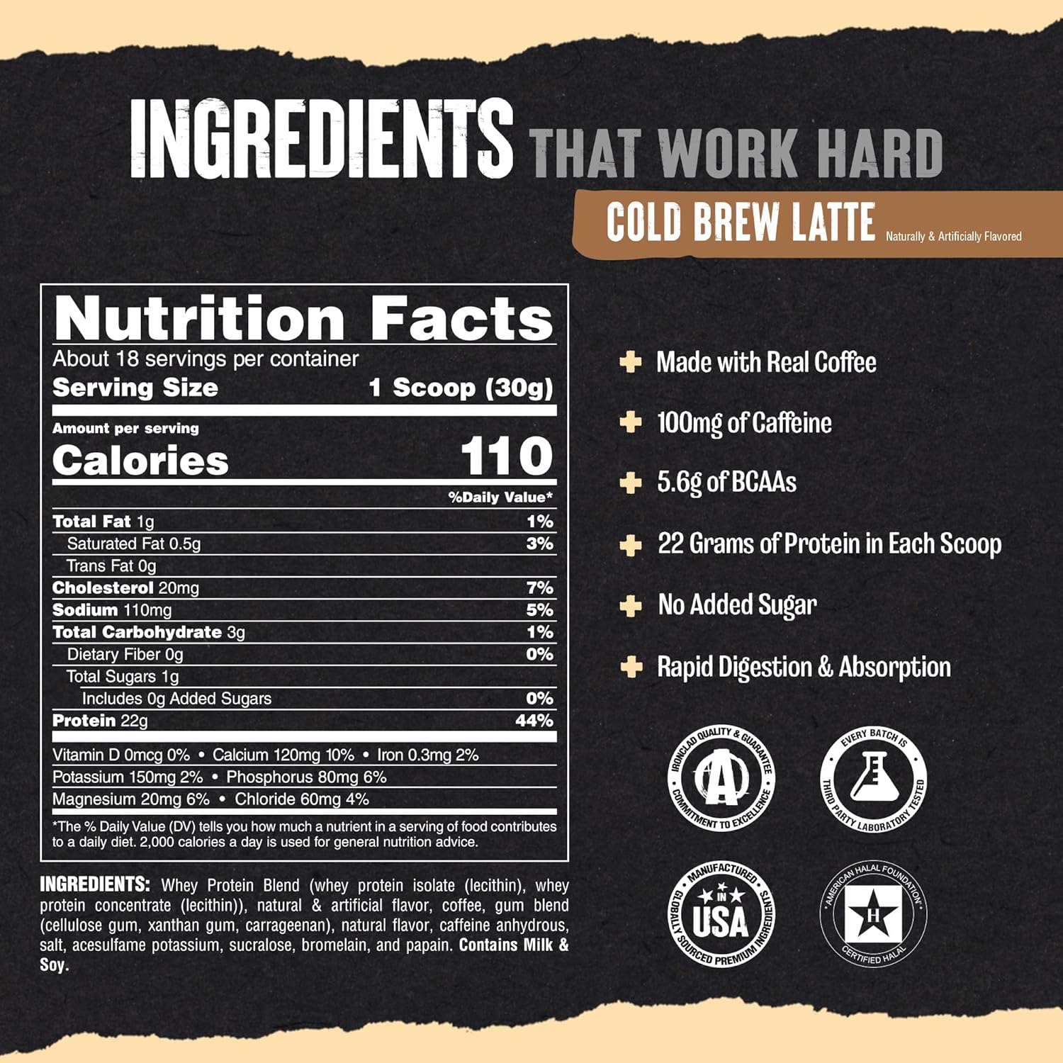 Cold Brew Latte Animal Whey Protein Coffee Powder - 22g Protein, 100mg Caffeine, BCAAs, Digestive Enzymes - Pre & Post Workout Muscle Builder Recovery for Men & Women - 1 lb