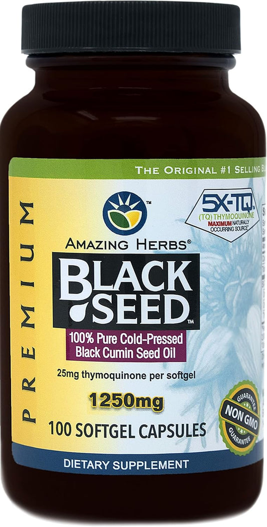 Cold-Pressed Black Seed Oil Pills 1250mg - Non GMO Softgel Capsules (100 Count) by Amazing Herbs