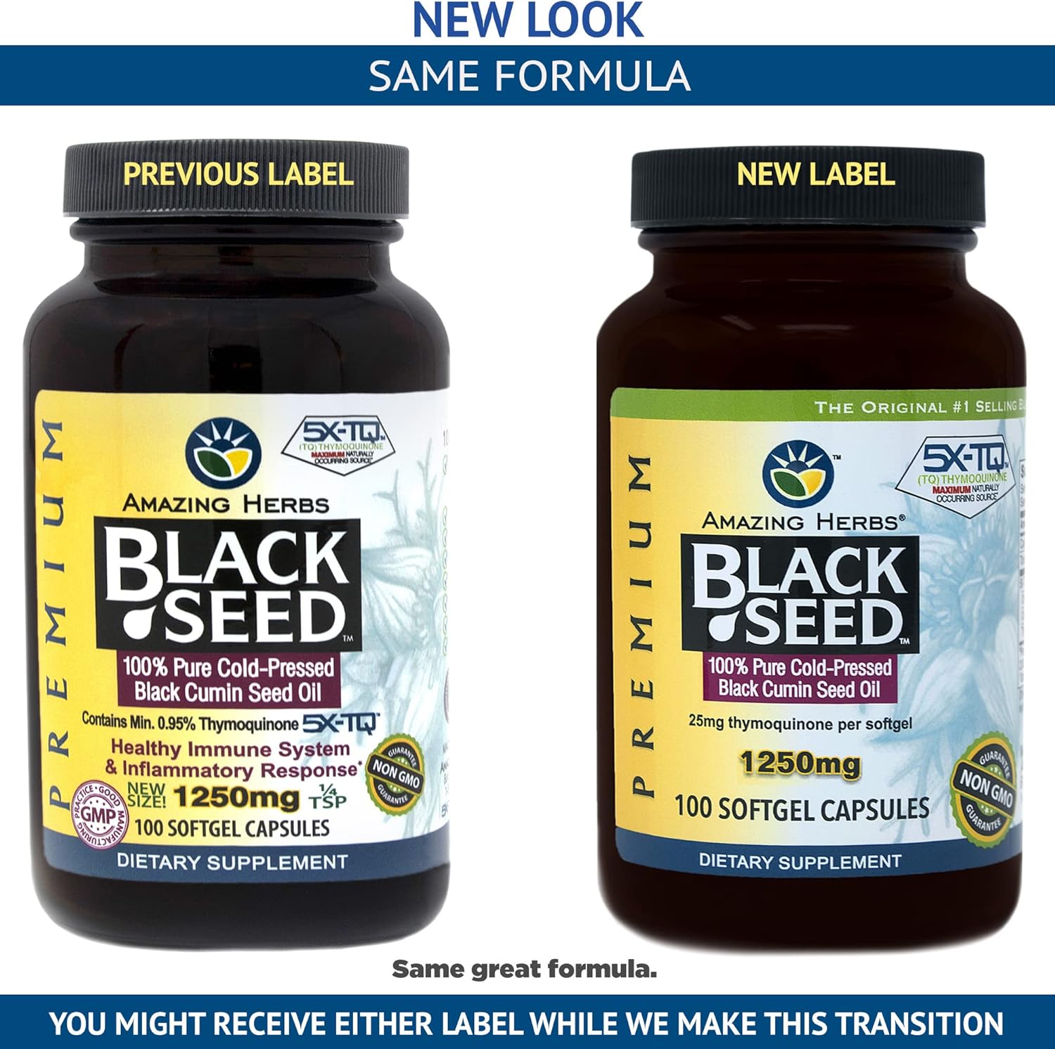 Cold-Pressed Black Seed Oil Pills 1250mg - Non GMO Softgel Capsules (100 Count) by Amazing Herbs