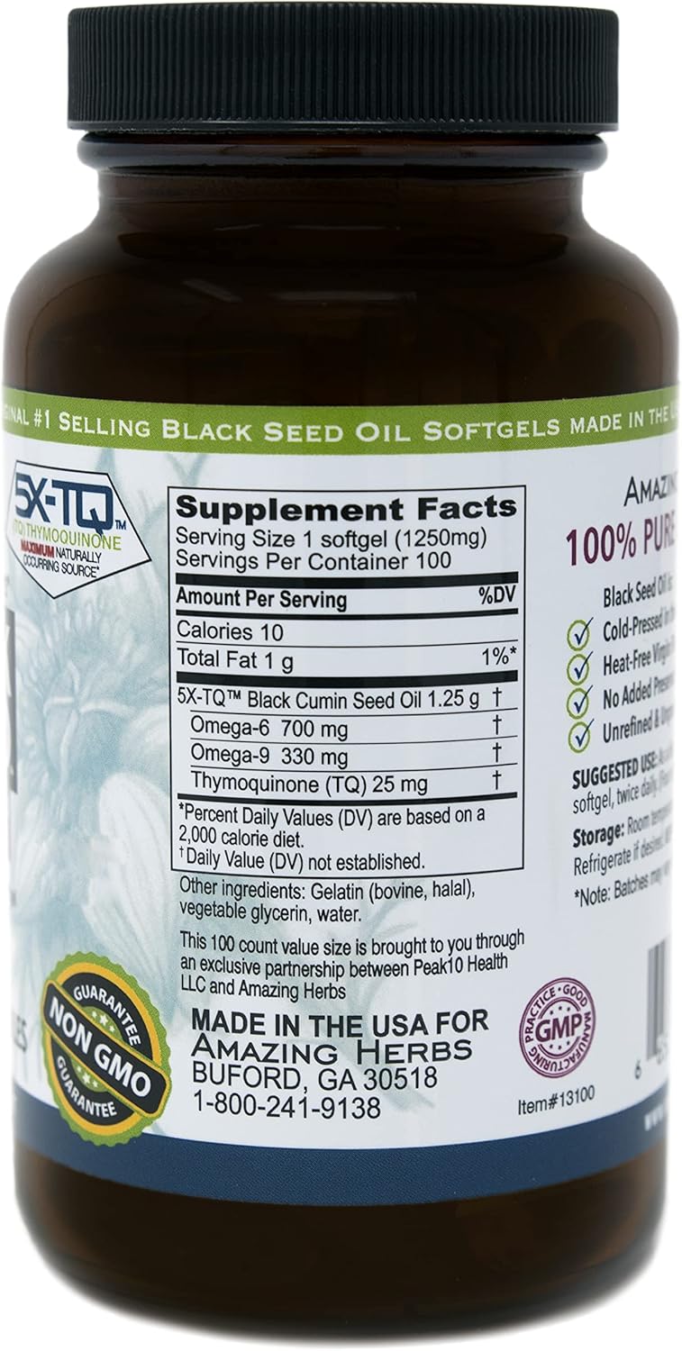 Cold-Pressed Black Seed Oil Pills 1250mg - Non GMO Softgel Capsules (100 Count) by Amazing Herbs