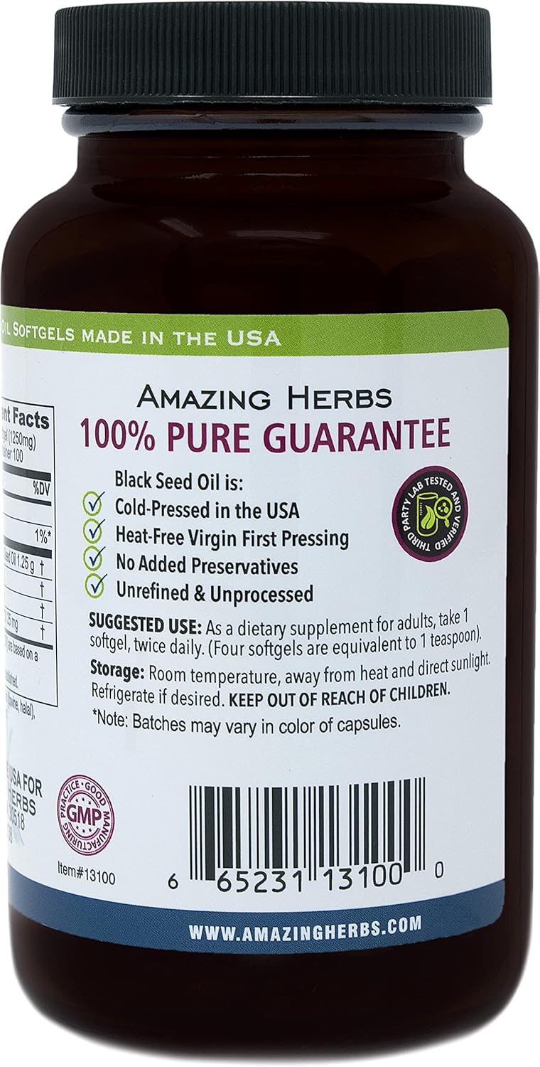 Cold-Pressed Black Seed Oil Pills 1250mg - Non GMO Softgel Capsules (100 Count) by Amazing Herbs