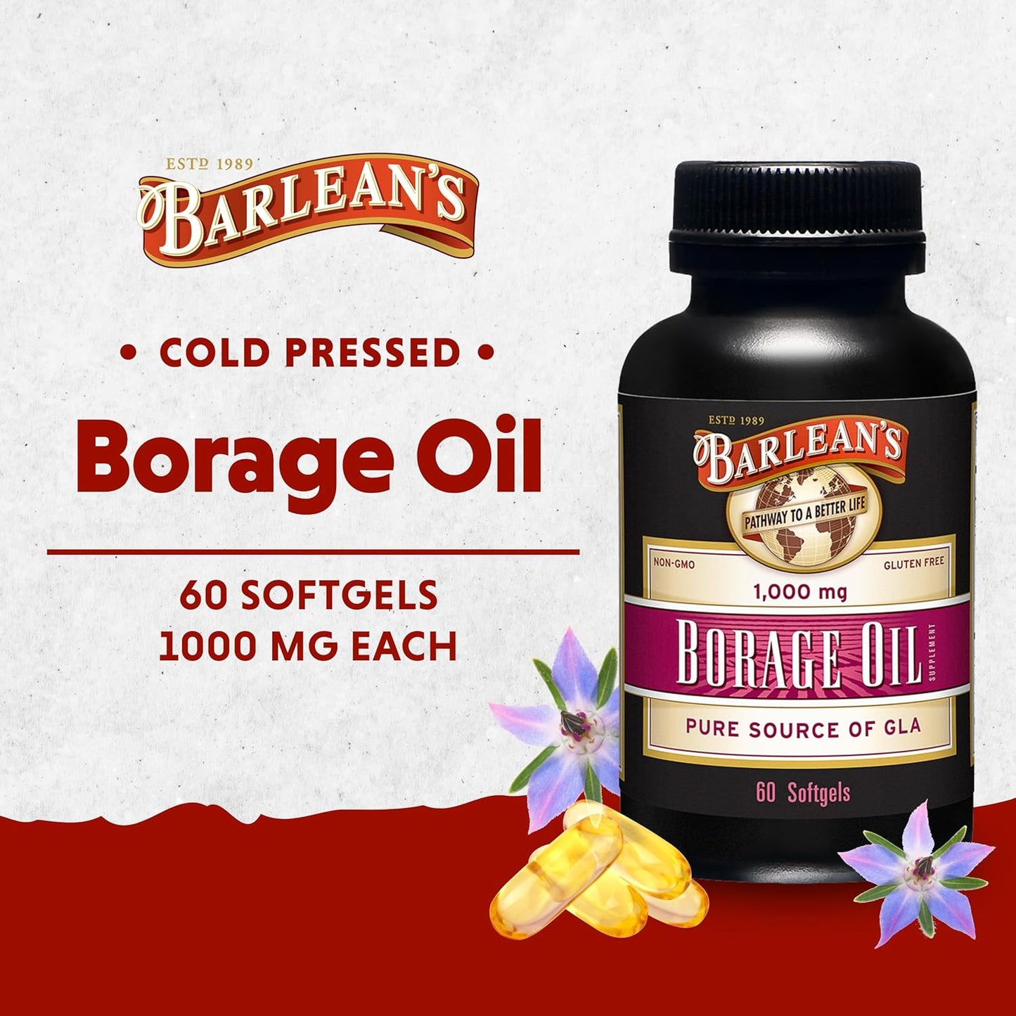Cold Pressed Borage Oil Capsules - 1000mg GLA Supplement for Skin, Joints, Bones & Brain - Non-GMO - 60 Count