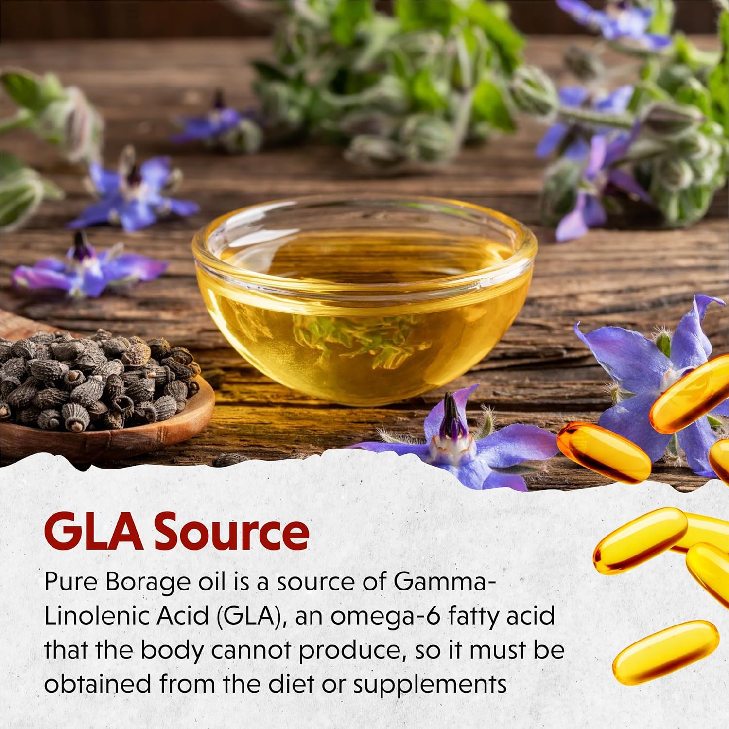 Cold Pressed Borage Oil Capsules - 1000mg GLA Supplement for Skin, Joints, Bones & Brain - Non-GMO - 60 Count