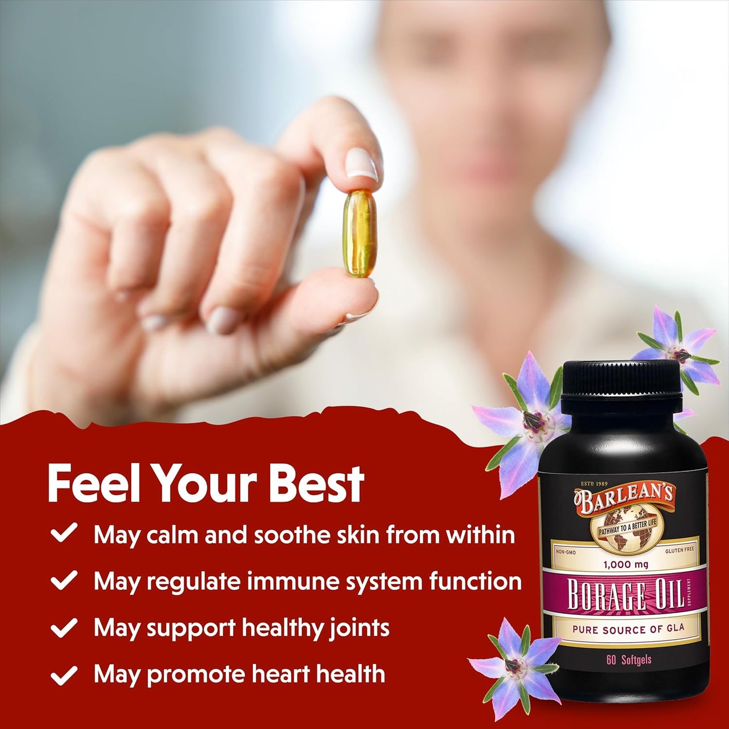 Cold Pressed Borage Oil Capsules - 1000mg GLA Supplement for Skin, Joints, Bones & Brain - Non-GMO - 60 Count