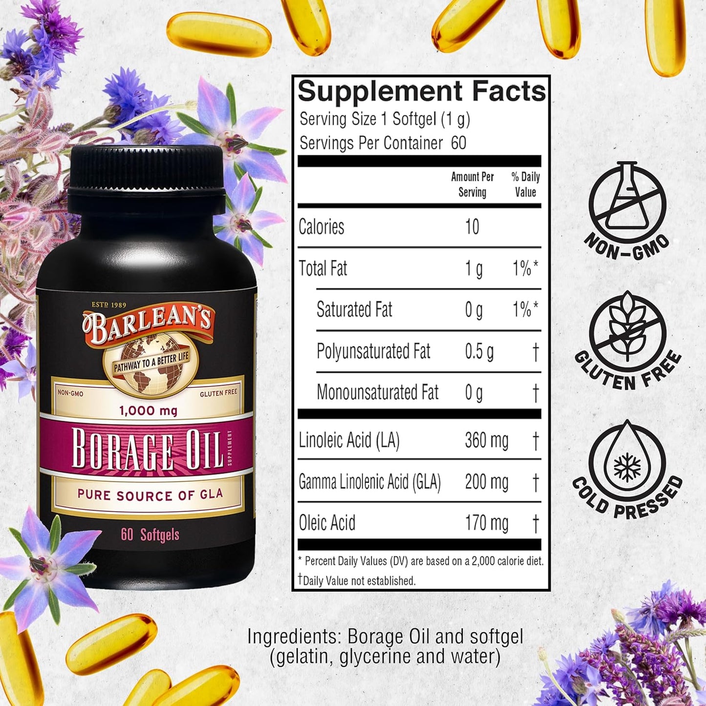 Cold Pressed Borage Oil Capsules - 1000mg GLA Supplement for Skin, Joints, Bones & Brain - Non-GMO - 60 Count