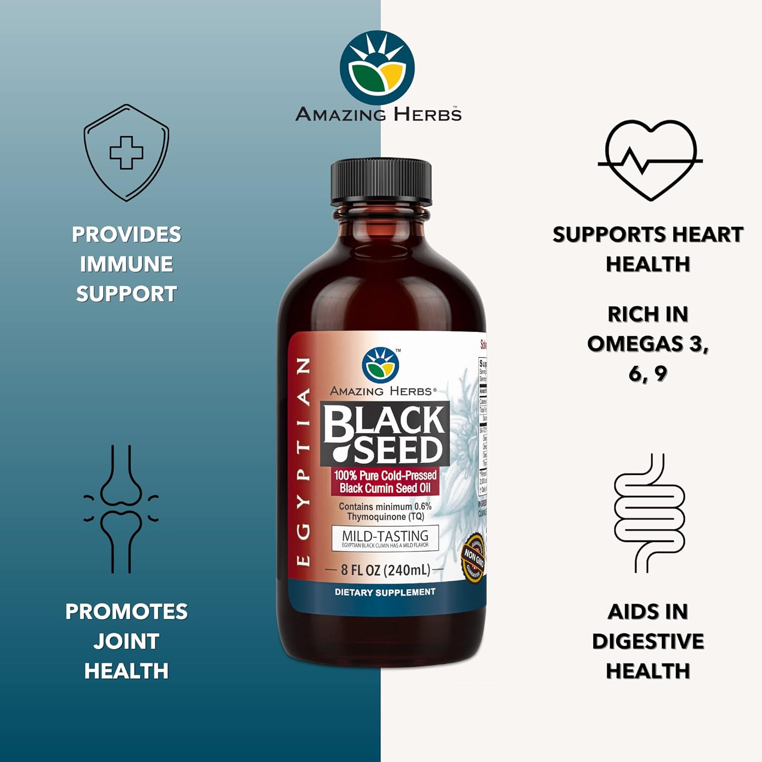 Cold Pressed Nigella Sativa Oil for Digestive & Immune Health - 8 Fl Oz - Gluten Free & Non GMO - Mild Flavor
