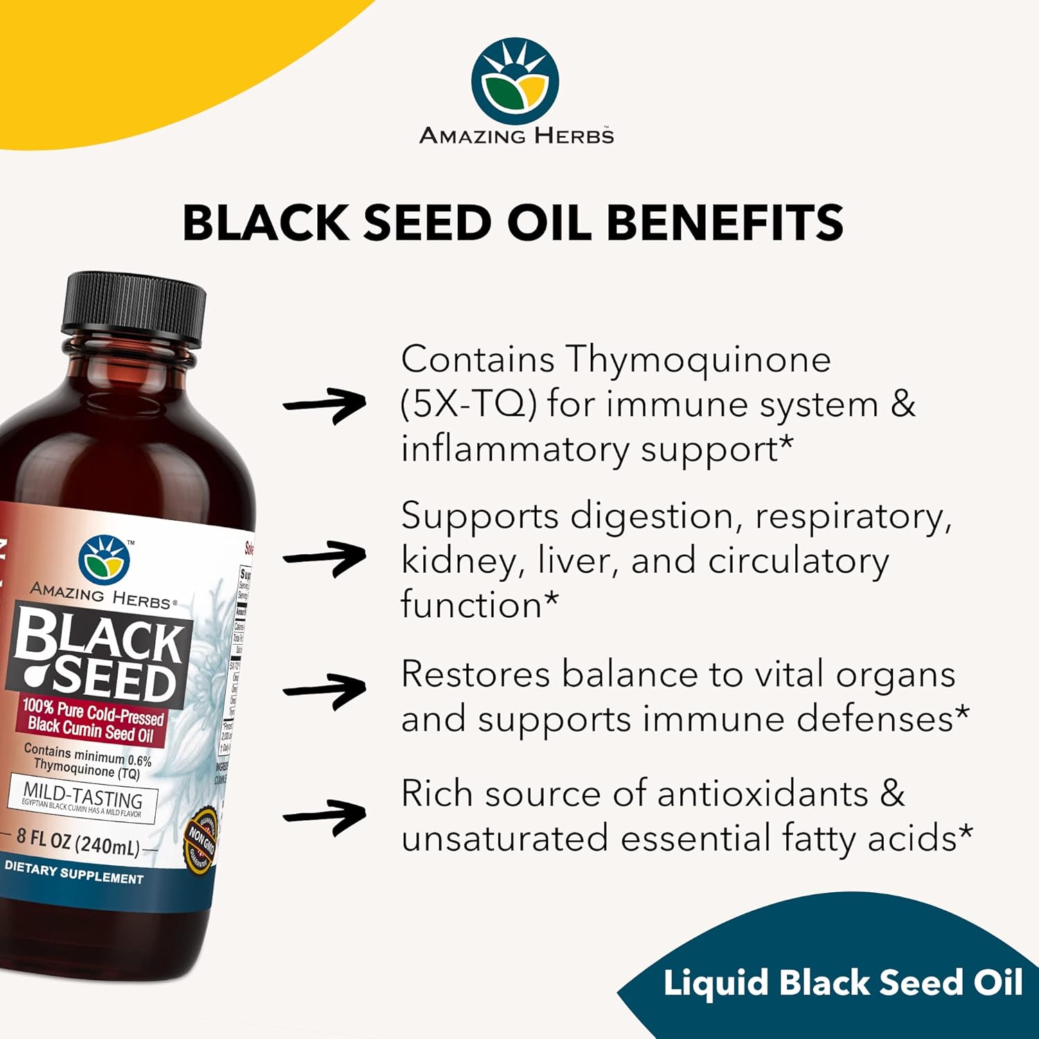 Cold Pressed Nigella Sativa Oil for Digestive & Immune Health - 8 Fl Oz - Gluten Free & Non GMO - Mild Flavor