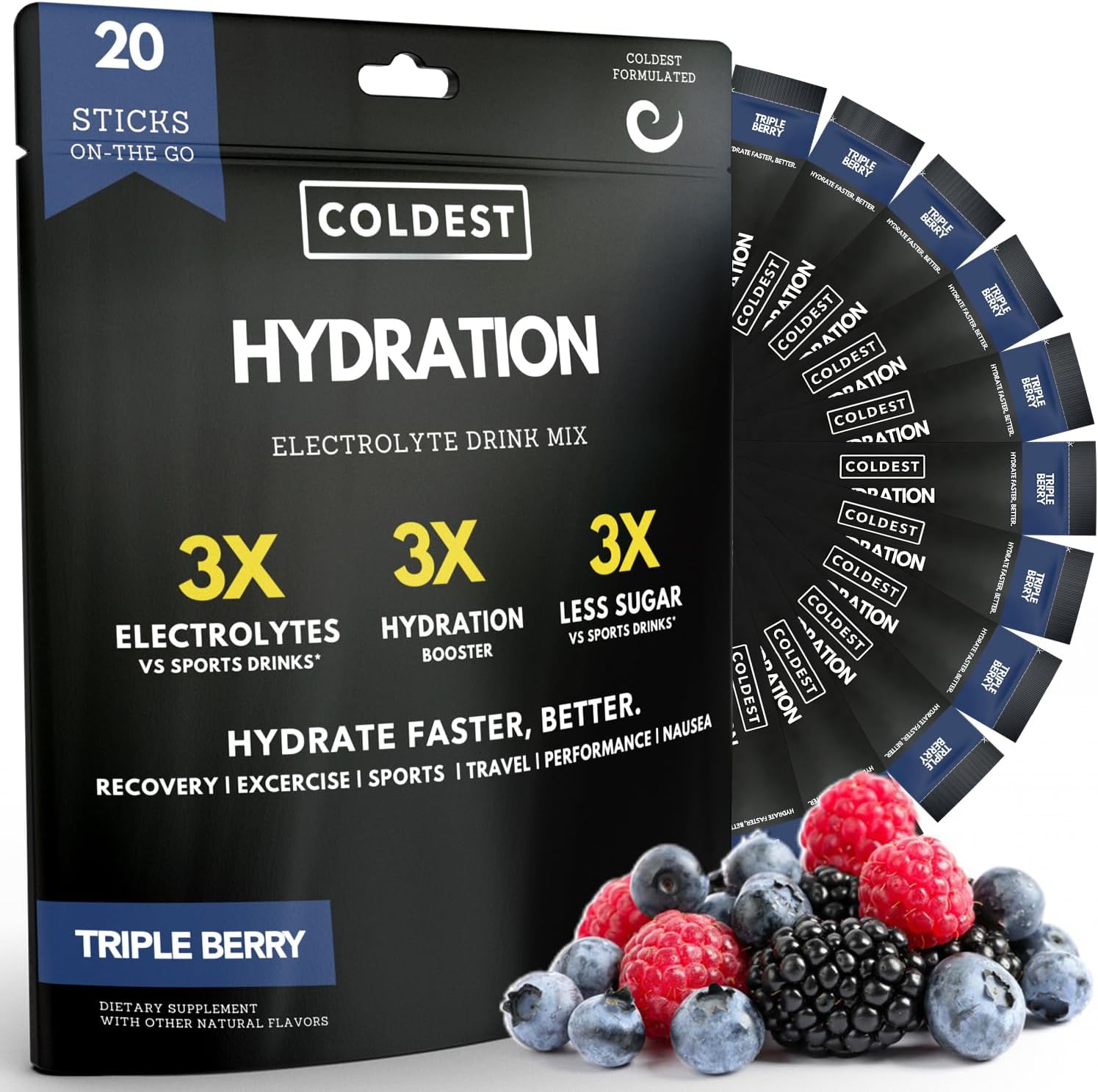 Coldest Water Electrolyte Powder Packets - Non GMO, No Artificial Sugar - 20 Sticks Triple Berry Flavor - BoostGo Australia