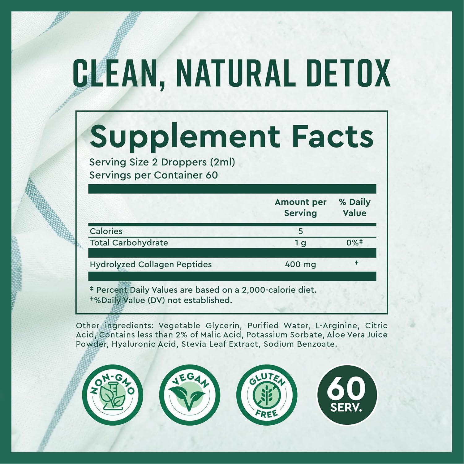 Collagen and Aloe Liquid Drops for Natural Detox and Digestion Support | Radiant Skin, Cleansing Formula | 60 Servings