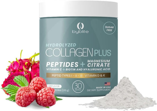 Collagen and Magnesium Supplement for Joint Health, Digestive Support, and Hair Growth with Vitamins C, D, and K - Byblite Hydrolyzed Collagen with Peptides I, II, III, Hyaluronic Acid, Biotin, and Nail Strengthening