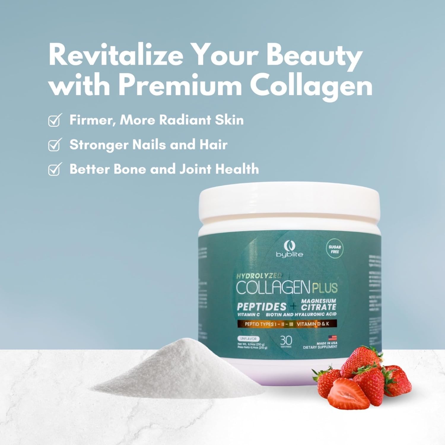 Collagen and Magnesium Supplement for Joint Health, Digestive Support, and Hair Growth with Vitamins C, D, and K - Byblite Hydrolyzed Collagen with Peptides I, II, III, Hyaluronic Acid, Biotin, and Nail Strengthening