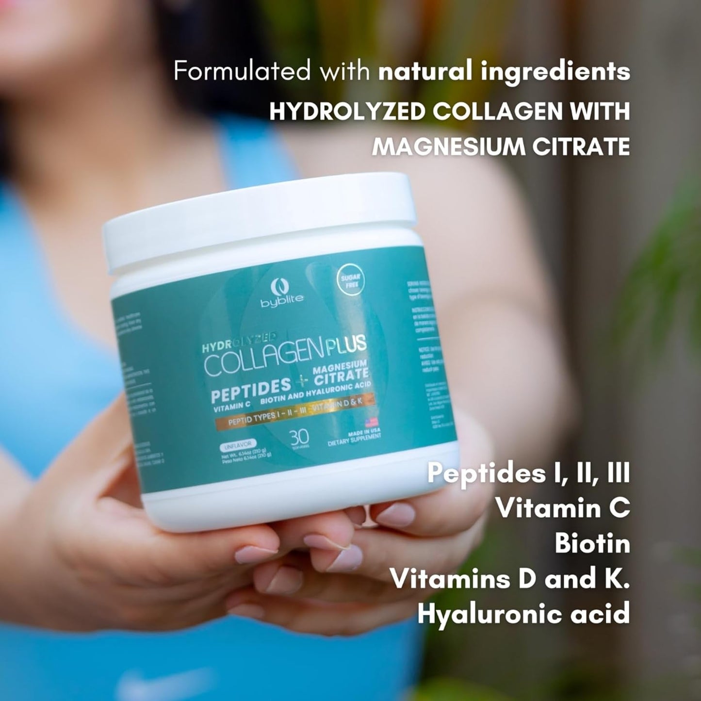 Collagen and Magnesium Supplement for Joint Health, Digestive Support, and Hair Growth with Vitamins C, D, and K - Byblite Hydrolyzed Collagen with Peptides I, II, III, Hyaluronic Acid, Biotin, and Nail Strengthening