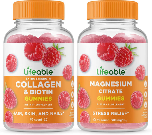 Collagen, Biotin, and Magnesium Gummies Bundle - Chewable Vitamin Supplement, Gluten-Free, GMO-Free, Great Taste