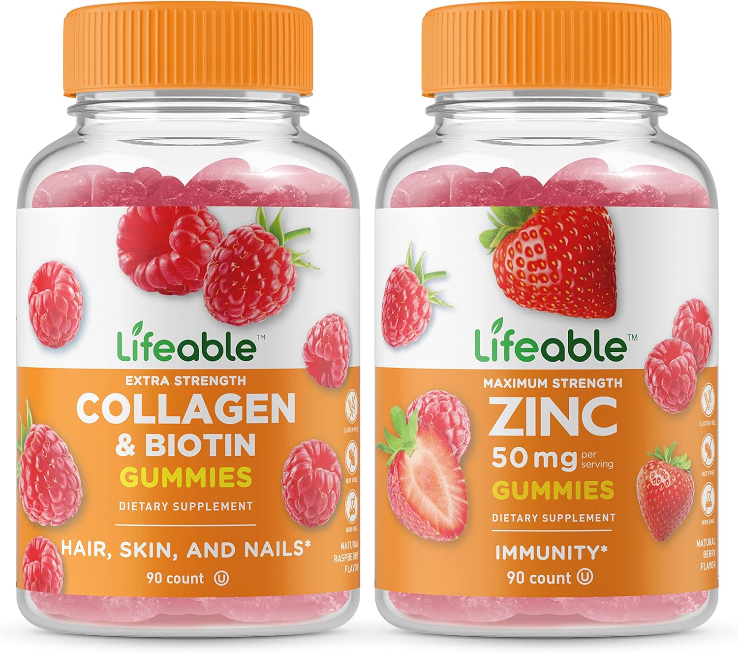 Collagen, Biotin, and Zinc Gummies Bundle - Vitamin Supplement, Gluten-Free, GMO-Free, Chewable - Delicious and Nutritious